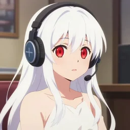 anime visual of a cute girl, with + ( ( red eyes ) ) + long white hair + ( ( wearing a headset in her room interior ) ), poster by makoto shinkai