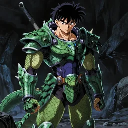 anime of young man with facial hair, brown eyes, full body, reptile armor by akira toriyama hyper realistic, dark fantasy detailed, high definition insanely detailed, bitter wide angle lens glow in the dark