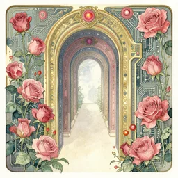 portal to another dimension, surrounded by roses and circuitry. art noveau watercolor by moebius and clamp.