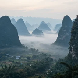 a misty morning in the yangshuo karst hills, beautiful mattepainting, featured on artstation, by peter mohrbacher