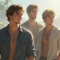 2 handsome masculine guys | | sunny, dreamlike art, mist, realistic shaded, smile, good looking, fine details, 4 k realistic, cryengine, realistic shaded lighting poster by greg rutkowski, magali villeneuve, artgerm, jeremy lipkin and michael garmash and rob rey