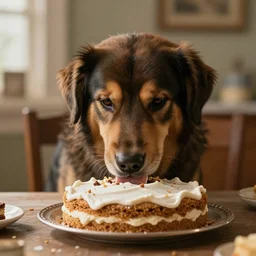 large dog eating a birthday cake, photorealistic, 3 5 degree shot, movie still