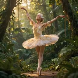 stunningly robust, elderly prima ballerina in jungle, symmetrical face, golden hour, smooth, focus, highly detailed, hyper realistic, dramatic lighting, elegant, intricate, concept art, art by wlop, mars ravelo, greg rutowski, artstation