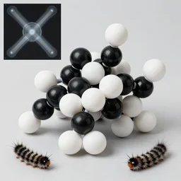 realistic object photo of molecule made of black and white ping pong balls, hairy fluffy caterpillars, readymade, dadaism, fluxus, man ray, x - ray, electronic microscope 1 9 9 0, life magazine photo