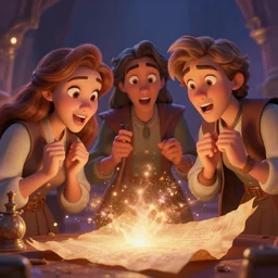 surprised scholars looking at a magical parchment emitting magic dust high detail digital art disney style