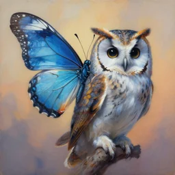 painting of hybrid between butterfly & owl, intercrossed animal, by zdzislaw beksinski, by lewis jones, by mattias adolfsson, cold hue's, warm tone gradient background, concept art, beautiful composition, digital painting