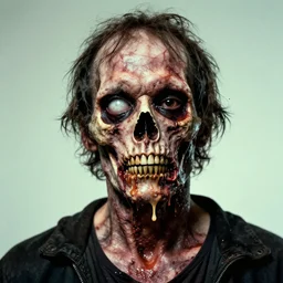 cinematic colorful horror artwork by bernie wrightson, beksinski, jean delville ; real life long shot perfectly centered portrait of ugly scary terrifying rotten man with one eye socket missing, half jaw hanging down, melting pus skin skull ; 8 k hdr, dramatic lighting, insanely detailed