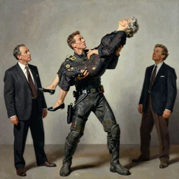 the replicant sapper morton from blade runner lifts someonegrandmother above his head just to show how strong he is, painted by norman rockwell and tom lovell and frank schoonover