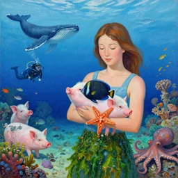 a woman holding a tropical fish and a piglet in ishigaki okinawa, starfish, covered in seaweed, coral reef, summer, whale, schools of fish, scuba, pigs, octopus, acrylic on canvas, surrealist, by magritte and monet