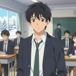 boy's love anime modern high school classroom in winter clear day, expert high detail concept art cinematic, perfect proportions defined face, vivid colors, pixar undertones, photorealistic shaded lighting poster ilya kuvshinov, katsuhiro, jeremy lipkin and michael germash, makoto shinkai, wlop loish and clamp style, trending on art station, best selling artist
