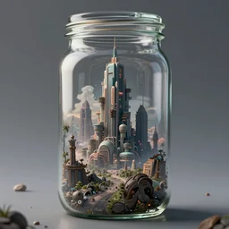 glass jar, inside is a rich utopian solarpunk city with dystopian hellscape underneath