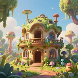 A fancy alien house. abandoned on a magical biome full of oddities, slimy plants, goofy, sparky, full sun, positive vibes, behance, artstation, unreal render, unreal engine 5, octane, smooth, 8k