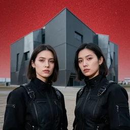 cinestill 5 0 d photograph of 2 women wearing black techwear in front of a brutalist sharp - edged metal building, closeup, on a desolate plain, red glitter sky, sigma 8 5 mm f / 1. 4, 4 k, depth of field, high resolution, highly detailed, 4 k, 8 k, hd, full color, raw