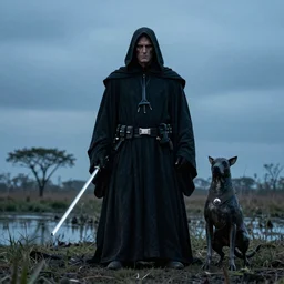 an imposing photograph of a dark lord of the sith carpincho next to its apprentice a yacare, wide shot, in the ibera wetlands, blue hour, deep depth of field