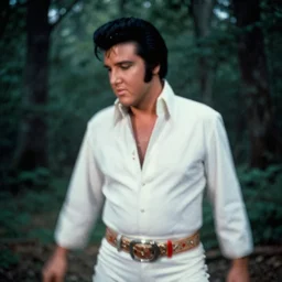 Elvis Presley in a forest, gorpro footage, grainy, motion blur