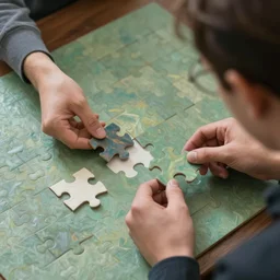 a professional photo of a man putting the last puzzle piece, oil painting