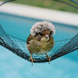 a kiwi bird with a wooly hat caught in a net above a pool, 35mm photograph