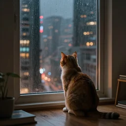 back of cat sitting in front of a window looking out at a rainy cyberpunk city at night, cozy indoor lighting, greg rutkowski, alena aenami, artstation, detailed, digital painting