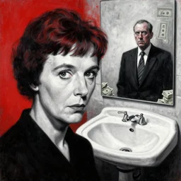 high quality noir painting featuring agatha christie face and a disgraced oil and gas ceo, a large public bathroom sink in the background, mystery of the giant sink, money in background, by greg rutkowski, red, black and white colour scheme, textured grunge aesthetic