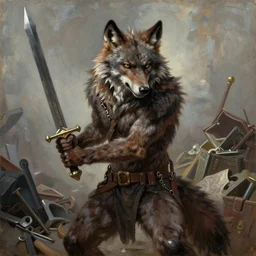 classic oil painting, a werewolf that is holding a steel sword, as a dnd character, inside a cluttered bedroom, cottagecore, highly detailed, digital illustration, concept art, smooth, sharp focus, art by tim hildebrandt, and greg hildebrandt