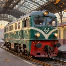 a neo vintage metro locomotive, detailed, moscou metro railway station background, photorealism, volumetric autumn lights, sunset light, coloured, depth of field, sharp details, photo, hasselblad, by moebius and ricardo robles, marco turini, oil, ink, gouache, 3 d concept art, octane render