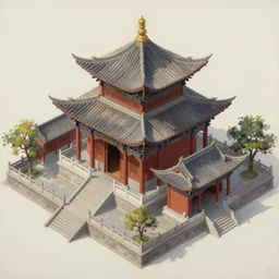top three quarter isometric view of traditional chinese temple in yunnan, realistic oil painting