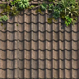 roofing tiles texture, medieval, overgrown with plants and moss, photo 3d, substance designer, seamless, plain view
