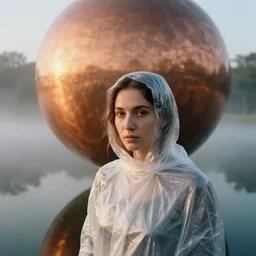 a closeup portrait of a woman wrapped in plastic, standing next to a giant huge levitating copper orb, in a foggy pond, golden hour, color photograph, by jan van eyck, canon eos c 3 0 0, ƒ 1. 8, 3 5 mm, 8 k, medium - format print