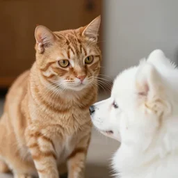 an orange cat looking suspiciously at a white dog. photograph. digital art.