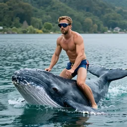 ryan gosling in swimming trunks and cyberpunk style goggles rides a killer whale in a vulcan lake