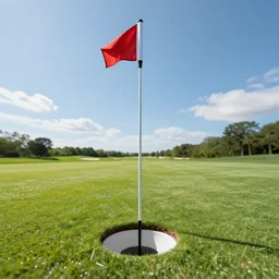 the view from the bottom of a circular golf hole, upwards along the shaft of the golf flag, sunny windy day, photograph, 8K, 4K