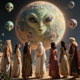 ancient people worshipping the giant space ball aliens that came to earth, vintage photograph, restored colors