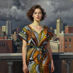 woman, dressed in ankara style, buildings, dark clouds, stylish, greg hildebrandt fancy new york oil painting high quality