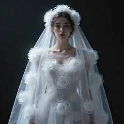 a wonderful realistic portrait of a lonely woman with a detailed wonderful symmetrical face who is dressed with a wonderful, majestic, large semi transparent white cotton dress ornate with semi transparent cotton roses and semi transparent white veils, accent white lighting, dramatic light, octane render by roberto ferri, fantasy art, photo realistic, dynamic lighting, unreal engine rendered, artstation, poster, dramatic light - 8 k