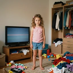 home photography portrait, kids room, tv, clothes, toy, closet, cardboards ; mess, summer, Color VHS picture quality with mixed noise
