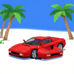 a red Ferrari testarossa next to a white sand beach with palm trees. 16bit graphics.