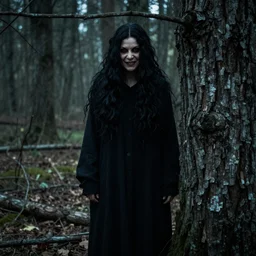 Male Baba Yaga standing ominously in the woods, partially obscured by a tree, staring at you and smiling creepily