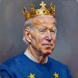 a potrait of joe biden, he is wearing a golden crown, he is wearing a blue outfit with yellow stars across it, hyper realistic painting, high detail, thick brush strokes, visible paint layers.