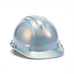 holographic hard hat, 8k product photo, isolated on a pure white background, centered, entire object in frame, sharp focus, soft studio lighting