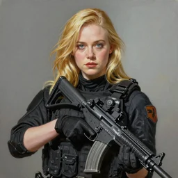 ultra realistic portrait painting of elle fanning in prey wearing swat gear, art by frank frazetta, 4 k, ultra realistic, highly detailed, epic lighting