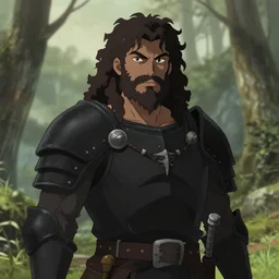 anime portrait of barbarian in the wilderness, simple black armor, rugged, brown skin, messy curly hair, unkempt beard, high fantasy, highly detailed, digital illustration, by kurone mishima