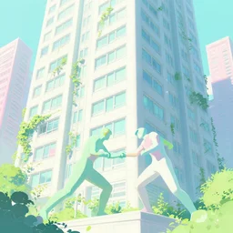 a beautiful highly detailed matte painting of a fight outside the tokyo highrise building with windows, vibrant pastel styling by atay ghailan, cliff chiang, loish and goro fujita, white, white cyan, pink and light green pastel mystical tones, featured on artstation, featured on behance, vray render, green vines wrap around buildings