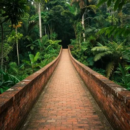 a single highly detailed 4 k point of view. matte painting of. brick bridge that goes on forever on the jungle