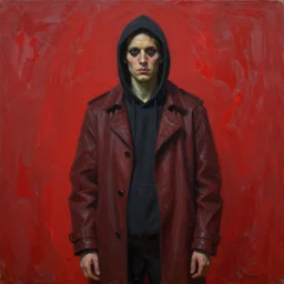 waiting for a serial killer, oil on canvas, red color scheme,
