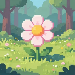 overdetailed pixel art of a big flower on a beautiful meadow in the middle of a clearing of a forest, hd, cinematic, pastel colours