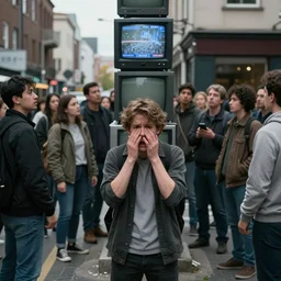 a frightened young man in a street surrounded by people without eyes. people are starting at crt televisions on the corners s 1 5 0