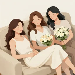 a scene from above, women relaxing on a sofa, happy, flowers, absurdly beautiful, elegant, realistic ultrafine hyperrealistic detailed face illustration by amrita sher - gil, intricate linework, sharp focus, bright colors, matte, highly rendered, global illumination, radiant light, intricate environment