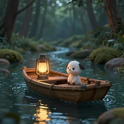 Closeup illustration of an old small wooden raft boat swimming in a mythical river in the woods. The raft has an old lantern at the front illuminating the water and the forest. There is a cute 3D Pixar character sitting on the raft. Digital art, trending on artstation, dark, mystic, very very very beautiful digital 3D art, rendered with octane renderer, cinema4D, concept art, bokeh, wallpaper