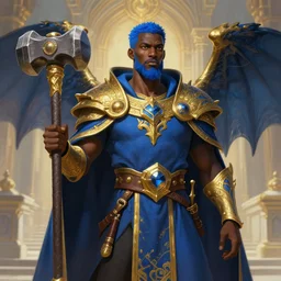 Picture of a male Cleric, black skin, blue short hair, short beard, dragon-inspired cloth robes, gold and blue, ornamental, hammer, wings, background depicting a temple, fantasy, dnd, d&d, sharp focus, smooth, illustration, digital painting, highly detailed, by Krenz Cushart and Artem Demura and alphonse mucha, artstation, cgsociety