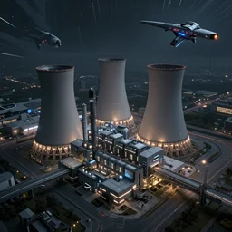 aerial view of a futuristic combined cycle powerplant, led lights, high technology, starcraft, dark atmosphere, mattepainting concept Blizzard pixar maya engine on stylized background splash comics global illumination lighting artstation  lois van baarle, ilya kuvshinov, rossdraws